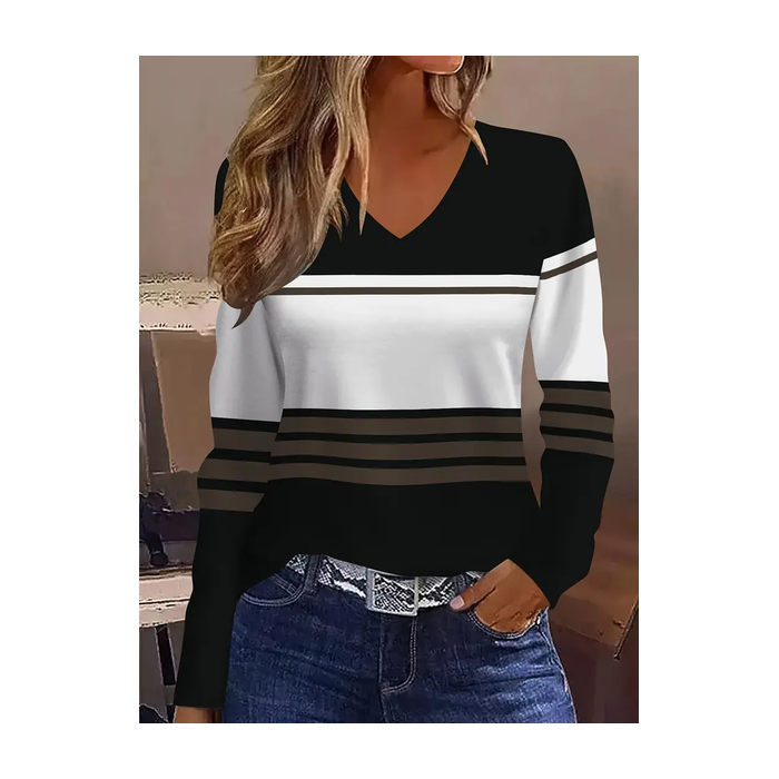 Women Striped Long Sleeve Tee T-shirt V Neck Printing Casual Spring/Fall Graphic Tee Top
