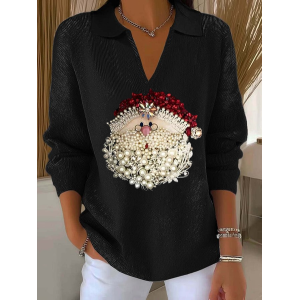 Women Santa Claus Printing Spring/Fall Casual Long Sleeve Shawl Collar Sweater