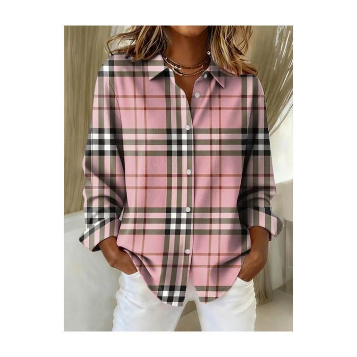 Women Plaid Long Sleeve Shirt Spring/Fall Buckle Shirt Collar Regular Sleeve Daily Casual Top