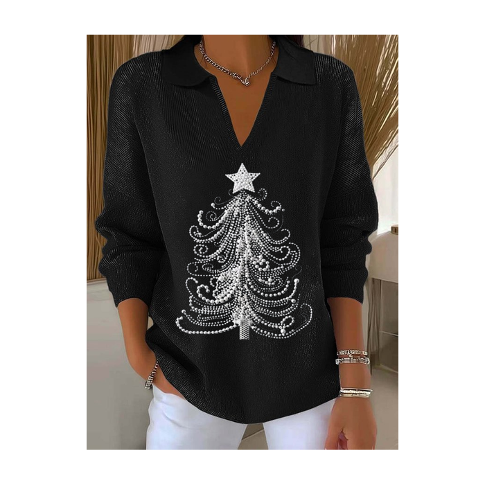 Women Christmas Printing Spring/Fall Casual Long Sleeve Shawl Collar Sweater