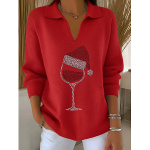 Women Christmas Printing Spring/Fall Casual Long Sleeve Shawl Collar Sweater