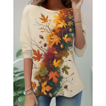 Women Maple Leaf Long Sleeve Tee T-shirt Crew Neck Casual Spring/Fall Tunic Top