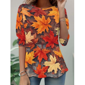Women Maple Leaf Long Sleeve Tee T-shirt Crew Neck Casual Spring/Fall Tunic Top