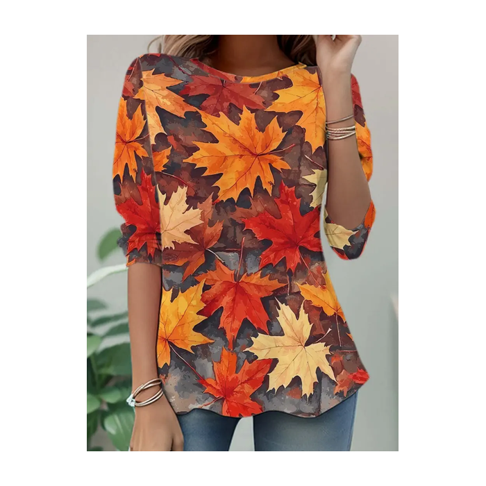 Women Maple Leaf Long Sleeve Tee T-shirt Crew Neck Casual Spring/Fall Tunic Top