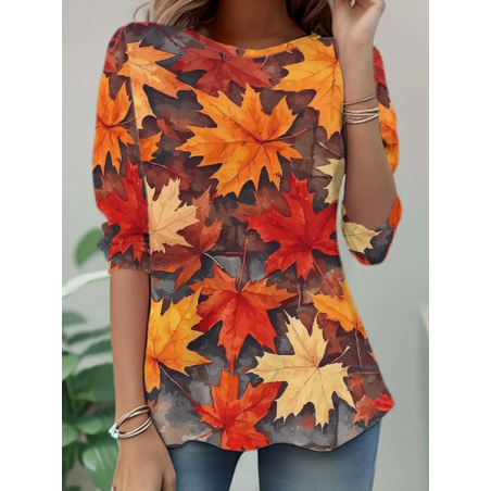 Women Maple Leaf Long Sleeve Tee T-shirt Crew Neck Casual Spring/Fall Tunic Top