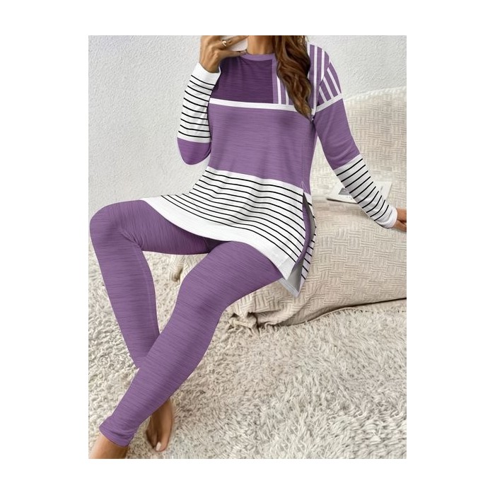 Women's Jersey Geometric Daily Going Out Two Piece Set Long Sleeve Casual Spring/Fall Top With Pants Matching Set