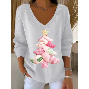 Women Christmas Long Sleeve Tee T-shirt V Neck Printing Casual Spring/Fall Top