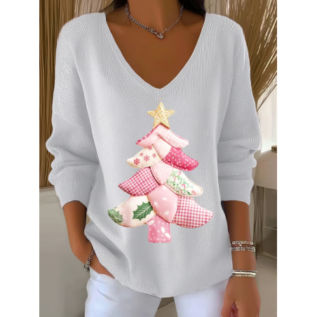 Women Christmas Long Sleeve Tee T-shirt V Neck Printing Casual Spring/Fall Top
