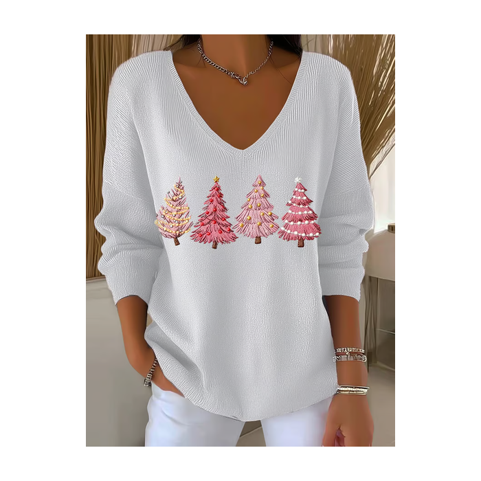 Women Christmas Long Sleeve Tee T-shirt V Neck Printing Casual Spring/Fall Top