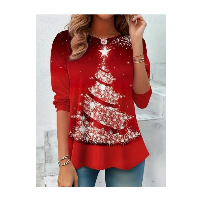Women Christmas Long Sleeve Tee T-shirt Crew Neck Casual Spring/Fall Tunic Top