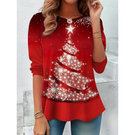 Women Christmas Long Sleeve Tee T-shirt Crew Neck Casual Spring/Fall Tunic Top