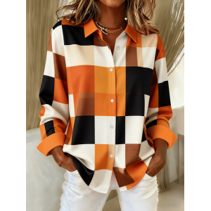 Women Abstract Long Sleeve Shirt Spring/Fall Buckle Shirt Collar Regular Sleeve Daily Casual Top
