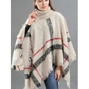 Women's Spring/Fall Outerwear Vintage Tassel Color Block Turtleneck Cape Coat