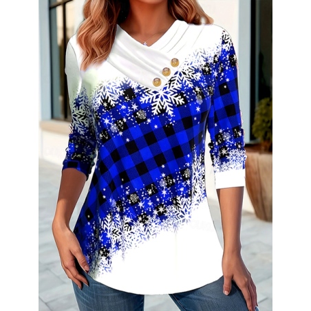 Women Plaid Long Sleeve Tee T-shirt Cross Neck Printing Casual Spring/Fall Top