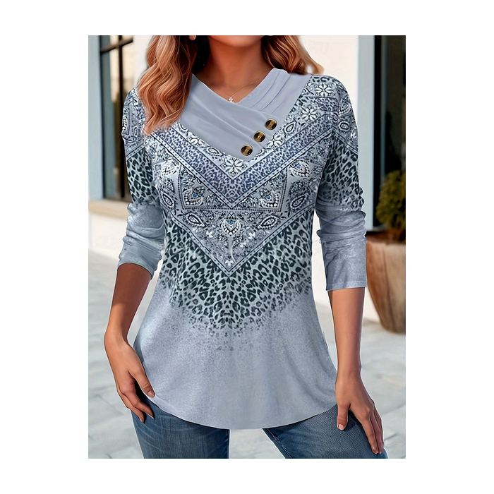 Women Abstract Long Sleeve Tee T-shirt Cross Neck Printing Casual Spring/Fall Top