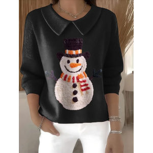 Women Christmas Snowman Printing Spring/Fall Casual Long Sleeve Shawl Collar Sweater
