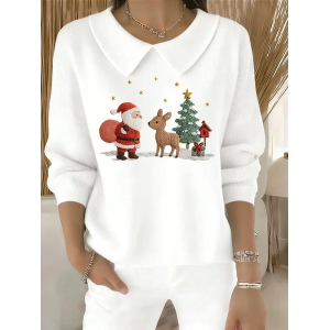 Women Santa Claus Printing Spring/Fall Casual Long Sleeve Shawl Collar Sweater