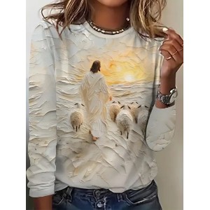 Women Jesus Copy Long Sleeve Tee T-shirt Crew Neck Printing Casual Spring/Fall Graphic Tee Top