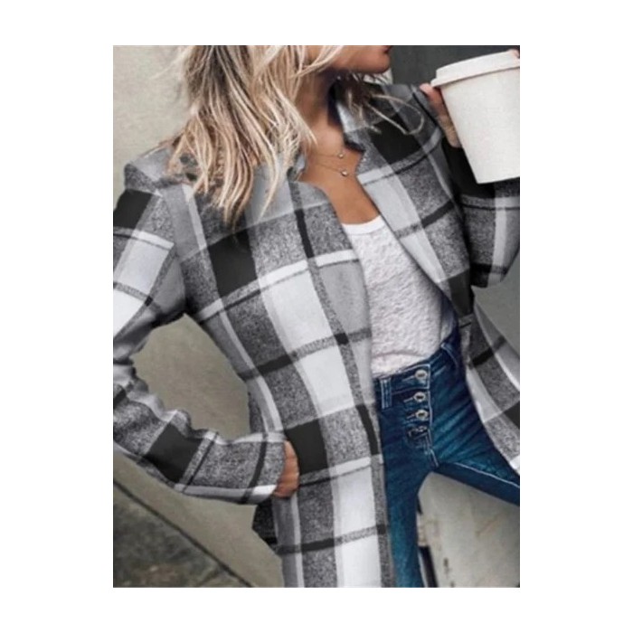 Women Spring/Fall Outerwear Casual Split Joint Plain Long Sleeve Lapel Collar Jacket