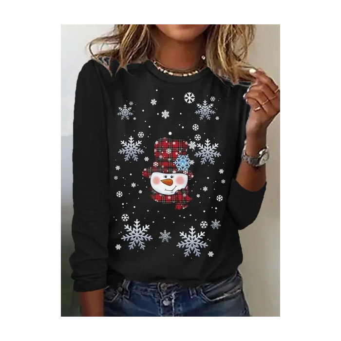 Women Christmas Snowman Long Sleeve Tee T-shirt Crew Neck Printing Casual Spring/Fall Graphic Tee Top