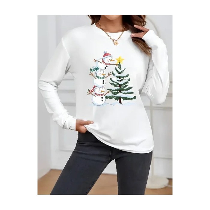 Women Christmas Snowman Long Sleeve Tee T-shirt Crew Neck Printing Casual Spring/Fall Graphic Tee Top