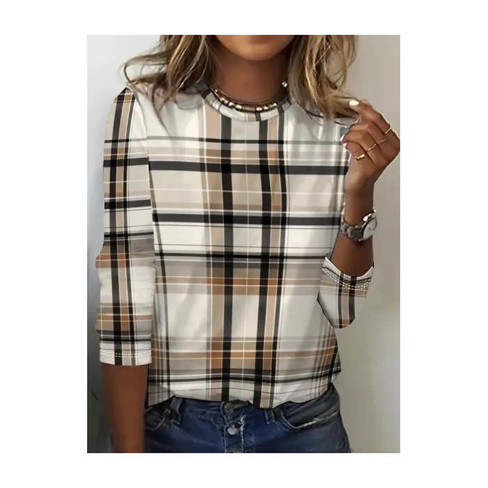 Women Plaid Long Sleeve Tee T-shirt Crew Neck Printing Casual Spring/Fall Graphic Tee Top