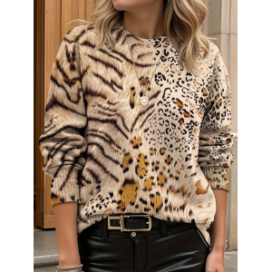 Women Leopard Printing Spring/Fall Casual Long Sleeve Crew Neck Sweater