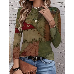 Women Abstract Long Sleeve Tee T-shirt Crew Neck Printing Casual Spring/Fall Graphic Tee Top