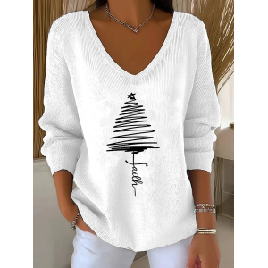 Women Christmas Long Sleeve Tee T-shirt V Neck Printing Casual Spring/Fall Top