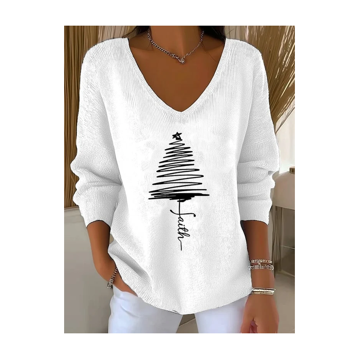 Women Christmas Long Sleeve Tee T-shirt V Neck Printing Casual Spring/Fall Top