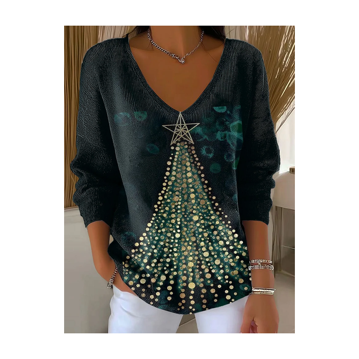 Women Christmas Long Sleeve Tee T-shirt V Neck Printing Casual Spring/Fall Top