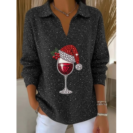 Women Christmas Printing Spring/Fall Casual Long Sleeve Shawl Collar Sweater