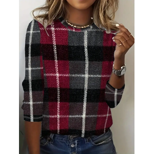 Women Plaid Long Sleeve Tee T-shirt Crew Neck Printing Casual Spring/Fall Graphic Tee Top