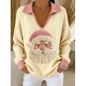 Women Santa Claus Printing Spring/Fall Casual Long Sleeve Shawl Collar Sweater