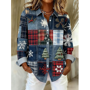 Women Christmas Long Sleeve Shirt Spring/Fall Buckle Shirt Collar Regular Sleeve Daily Casual Top