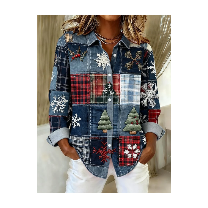 Women Christmas Long Sleeve Shirt Spring/Fall Buckle Shirt Collar Regular Sleeve Daily Casual Top