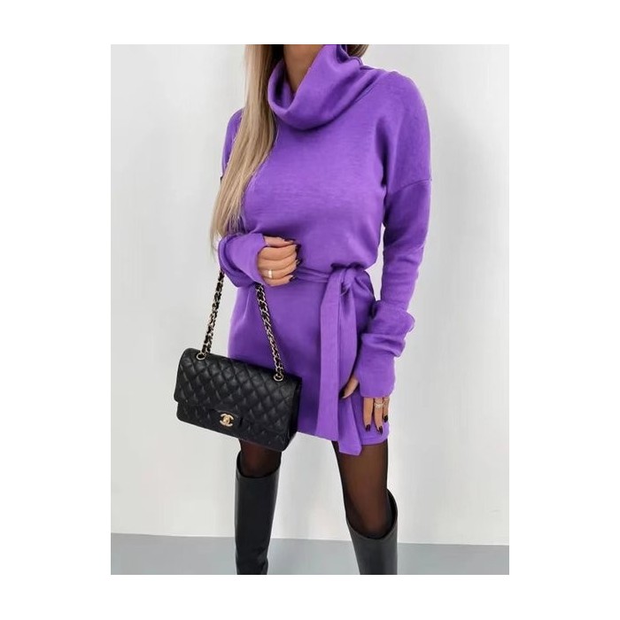 Women Plain Long Sleeve Spring/Fall Split Joint Dress Turtleneck Daily Vintage Mini Hip Skirt Bodycon Dress