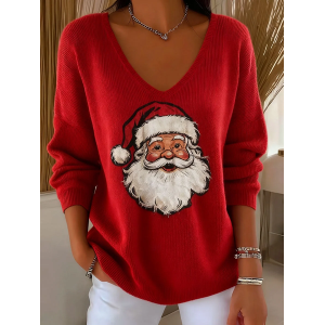 Women Santa Claus Long Sleeve Tee T-shirt V Neck Printing Casual Spring/Fall Top