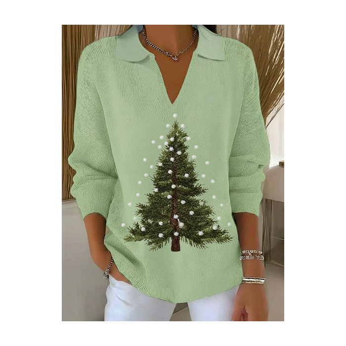 Women Christmas Printing Spring/Fall Casual Long Sleeve Shawl Collar Sweater