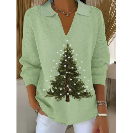 Women Christmas Printing Spring/Fall Casual Long Sleeve Shawl Collar Sweater