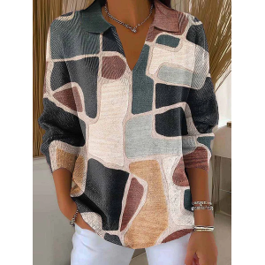 Women Abstract Printing Spring/Fall Casual Long Sleeve Shawl Collar Sweater