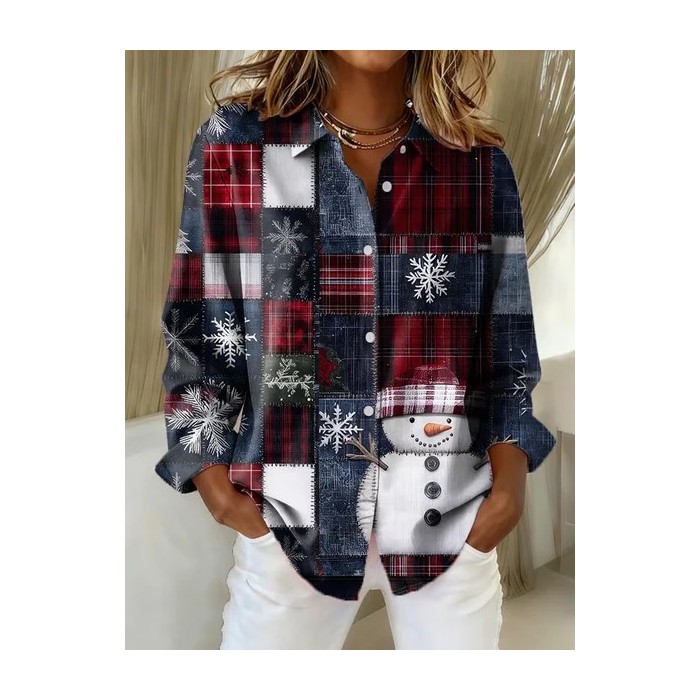 Women Christmas Snowman Long Sleeve Shirt Spring/Fall Buckle Shirt Collar Regular Sleeve Daily Casual Top