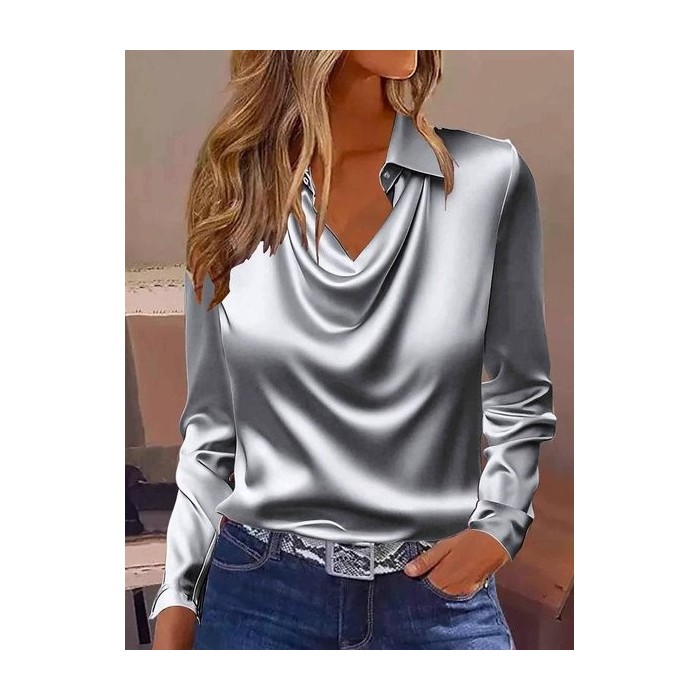 Women Plain Long Sleeve Shirt Spring/Fall Cowl Neck Party Casual Top