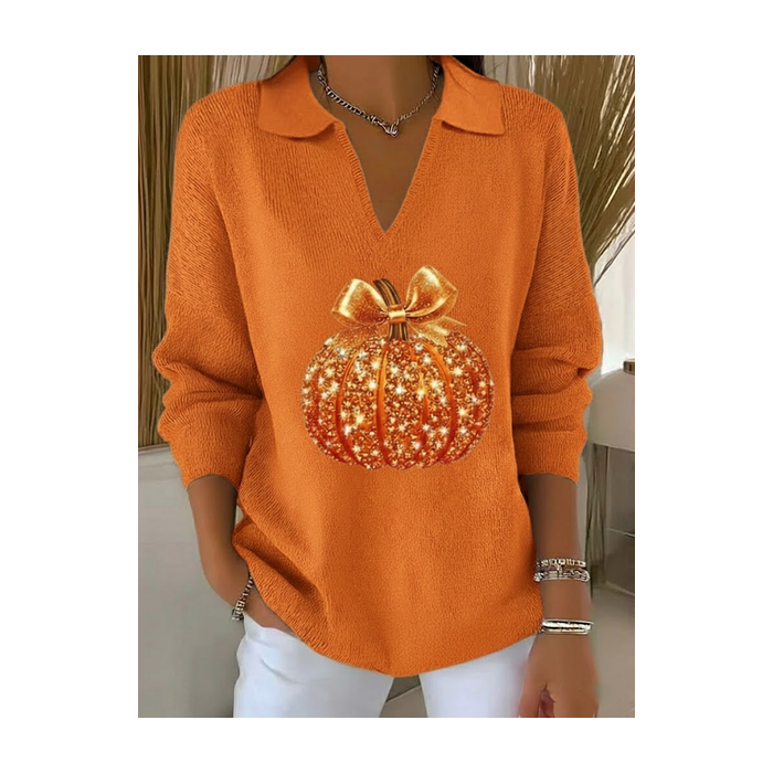 Women Halloween (pumpkin) Printing Spring/Fall Casual Long Sleeve Shawl Collar Sweater