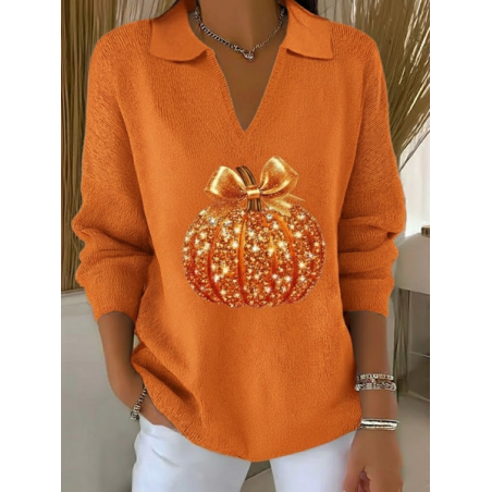 Women Halloween (pumpkin) Printing Spring/Fall Casual Long Sleeve Shawl Collar Sweater
