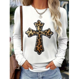 Women Leopard Long Sleeve Tee T-shirt Crew Neck Printing Casual Spring/Fall Graphic Tee Top