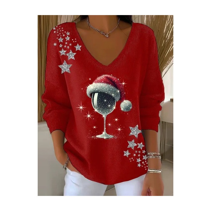 Women Christmas Long Sleeve Tee T-shirt V Neck Printing Casual Spring/Fall Top