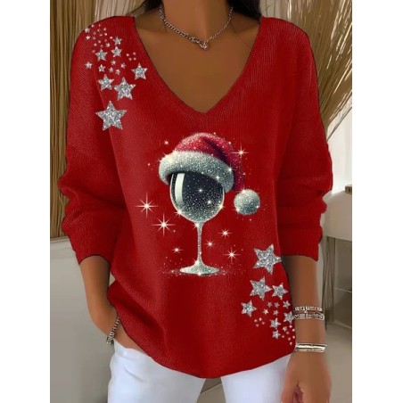 Women Christmas Long Sleeve Tee T-shirt V Neck Printing Casual Spring/Fall Top
