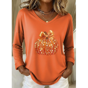 Women Halloween (pumpkin) Long Sleeve Tee T-shirt V Neck Printing Casual Spring/Fall Graphic Tee Top