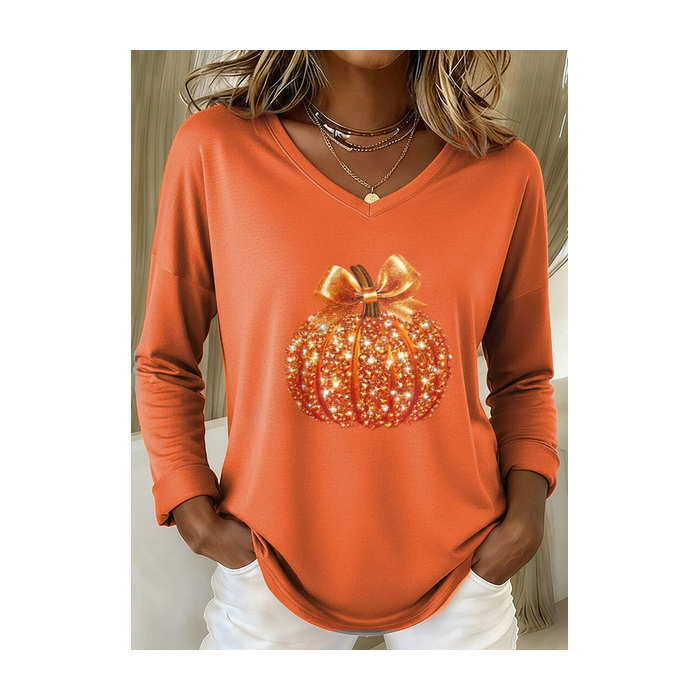 Women Halloween (pumpkin) Long Sleeve Tee T-shirt V Neck Printing Casual Spring/Fall Graphic Tee Top